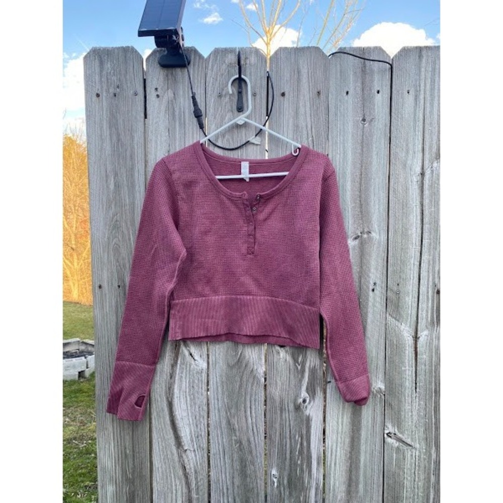 OFFLINE By Aerie Waffle Knit Henley Cropped Top Mauve Purple XL Thumbholes
